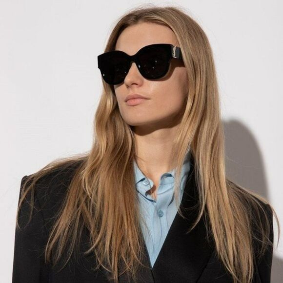NEW Saint Laurent  SLM95/F 001 Black Grey Oversized Cat Eye Women Sunglasses - Picture 1 of 13